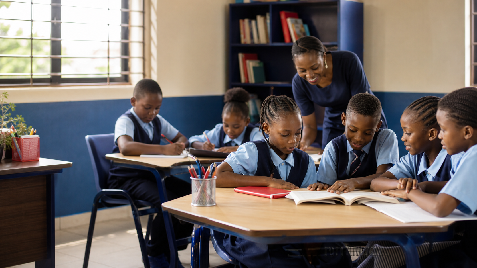 A teacher supporting primary school pupils during a classroom lesson